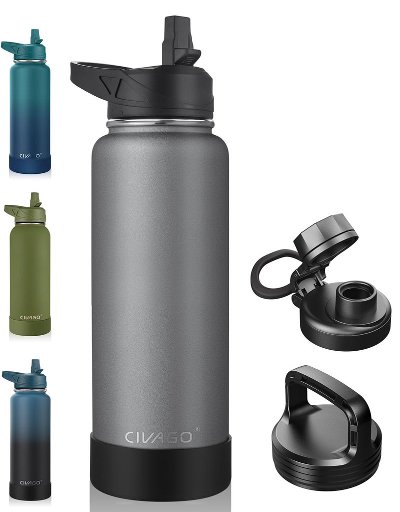CIVAGO 40 oz Insulated Water Bottle With Straw, Stainless Steel Sports Water Flask Cup with 3 Lids (Straw, Spout and Handle Lid), Double Walled Travel Thermal Canteen Mug, Cool Gray - Image 1