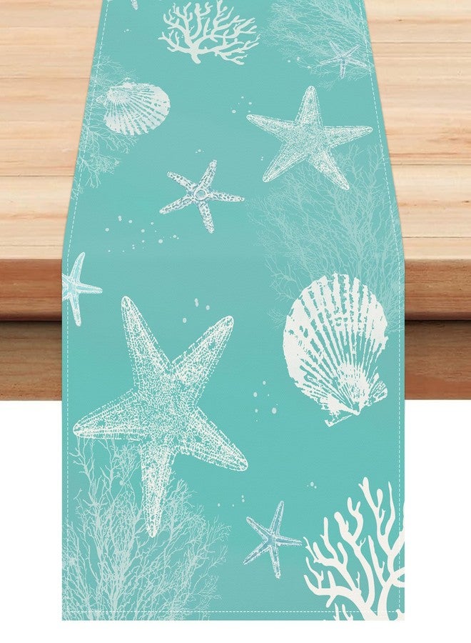 Bonhause Turquoise Coastal Ocean Table Runner 13x90 Inch Teal Blue Beach Starfish Seashell Seasonal Summer Nautical Kitchen Dinning Table Decoration for Indoor Outdoor Home Party Decor - Image 1