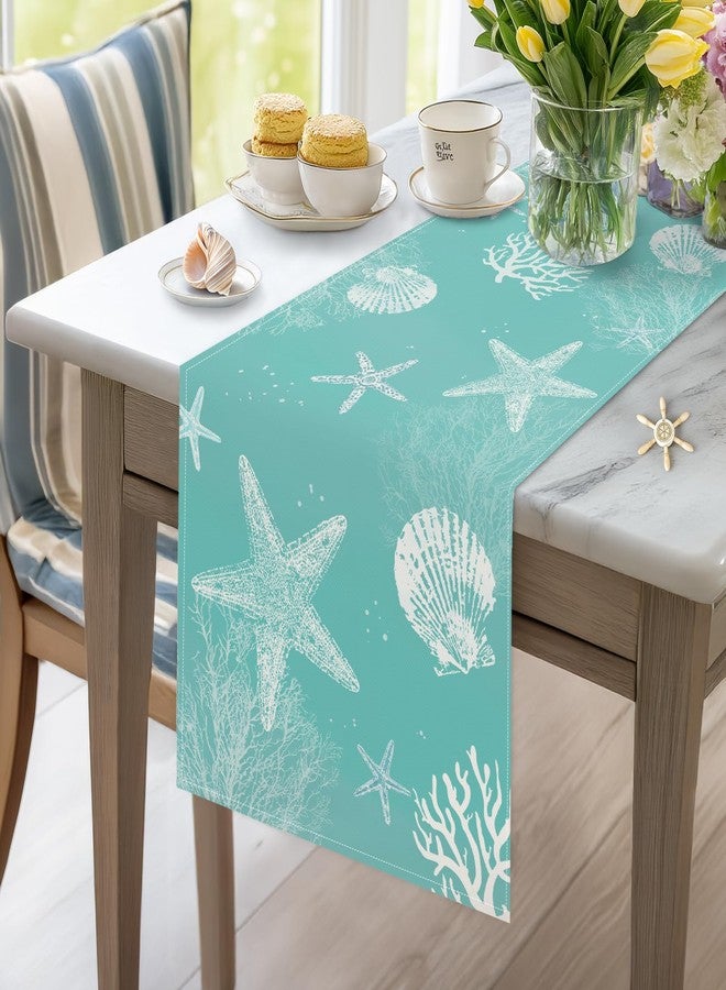 Bonhause Turquoise Coastal Ocean Table Runner 13x90 Inch Teal Blue Beach Starfish Seashell Seasonal Summer Nautical Kitchen Dinning Table Decoration for Indoor Outdoor Home Party Decor - Image 3