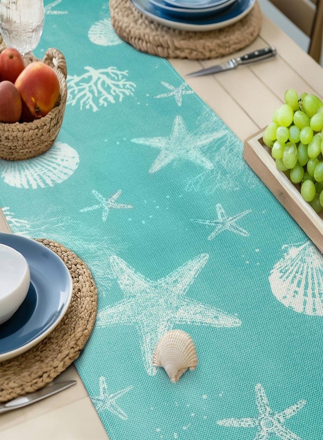 Bonhause Turquoise Coastal Ocean Table Runner 13x90 Inch Teal Blue Beach Starfish Seashell Seasonal Summer Nautical Kitchen Dinning Table Decoration for Indoor Outdoor Home Party Decor - Image 4