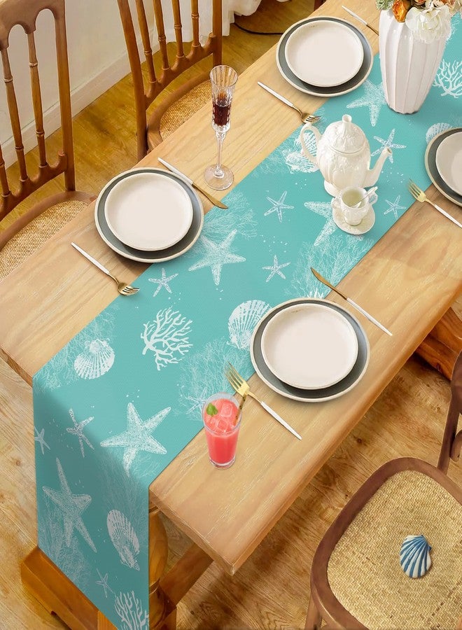 Bonhause Turquoise Coastal Ocean Table Runner 13x90 Inch Teal Blue Beach Starfish Seashell Seasonal Summer Nautical Kitchen Dinning Table Decoration for Indoor Outdoor Home Party Decor - Image 5