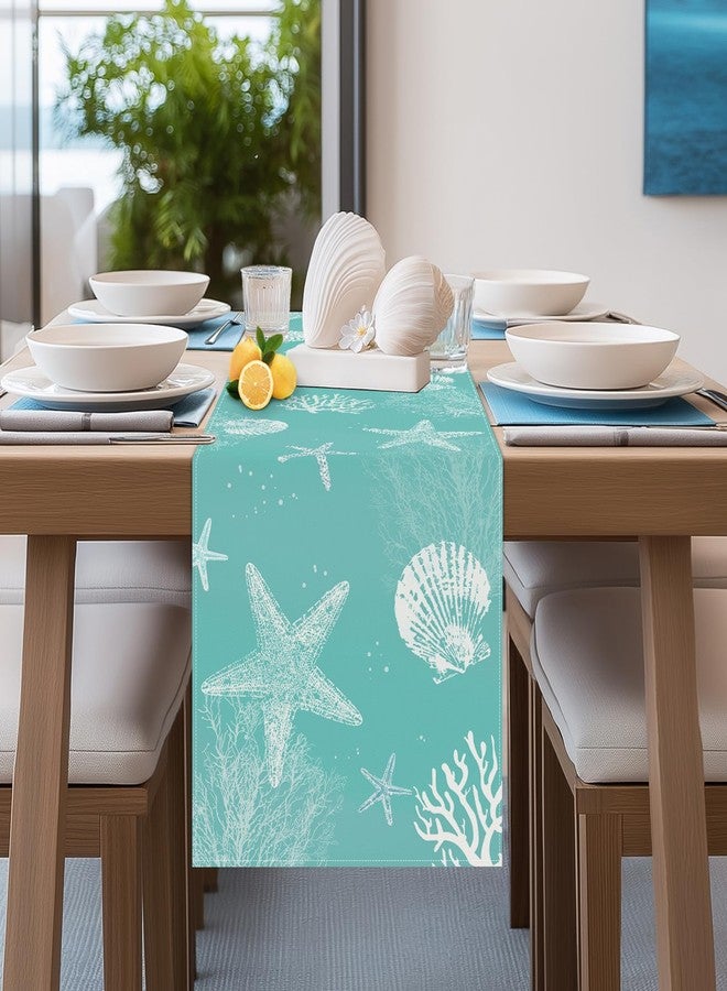 Bonhause Turquoise Coastal Ocean Table Runner 13x90 Inch Teal Blue Beach Starfish Seashell Seasonal Summer Nautical Kitchen Dinning Table Decoration for Indoor Outdoor Home Party Decor - Image 2
