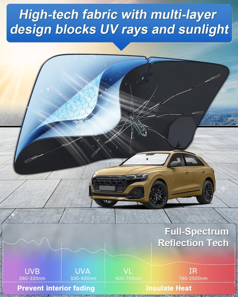 شاوهاو متوافق مع أودي Q8 4M Facelift/Q8 e-tron 2018-2026 واقي شمس للسيارات، واقي شمس للزجاج الأمامي، سهل التخزين مع مقبض سحب، حماية من الأشعة فوق البنفسجية، حماية من الشمس، إكسسوارات أودي Q8 - Image 4