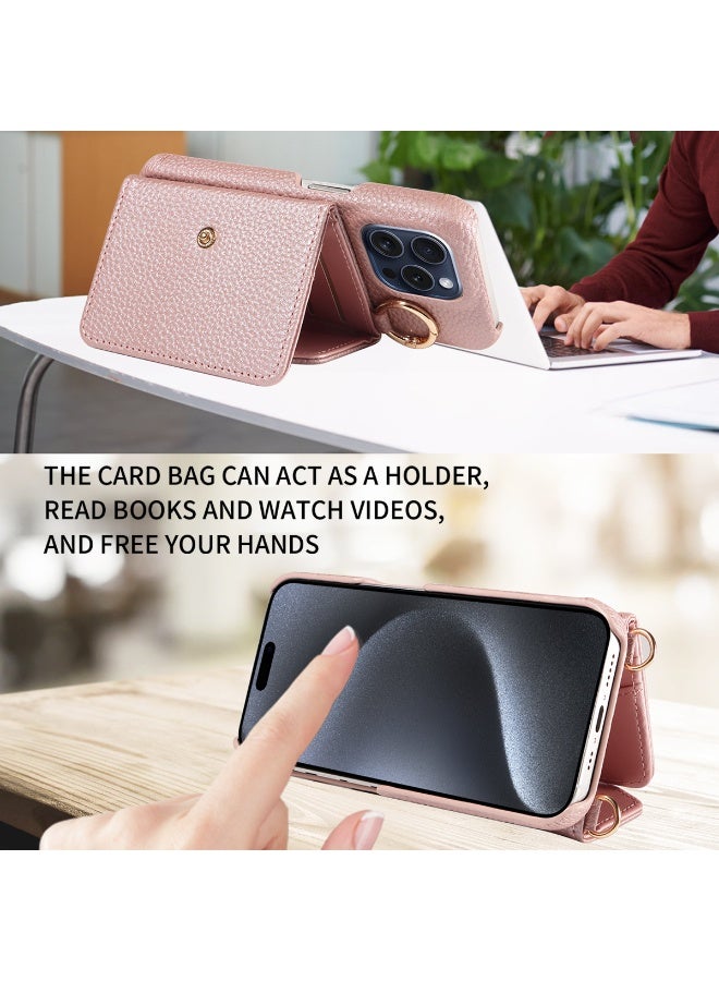 إكس ليفيل حافظة محفظة كروس بودي لهاتف iPhone 17 Pro مع حزام حامل وحامل بطاقة وغطاء محفظة مغناطيسي من جلد PU (ذهبي وردي) - Image 2