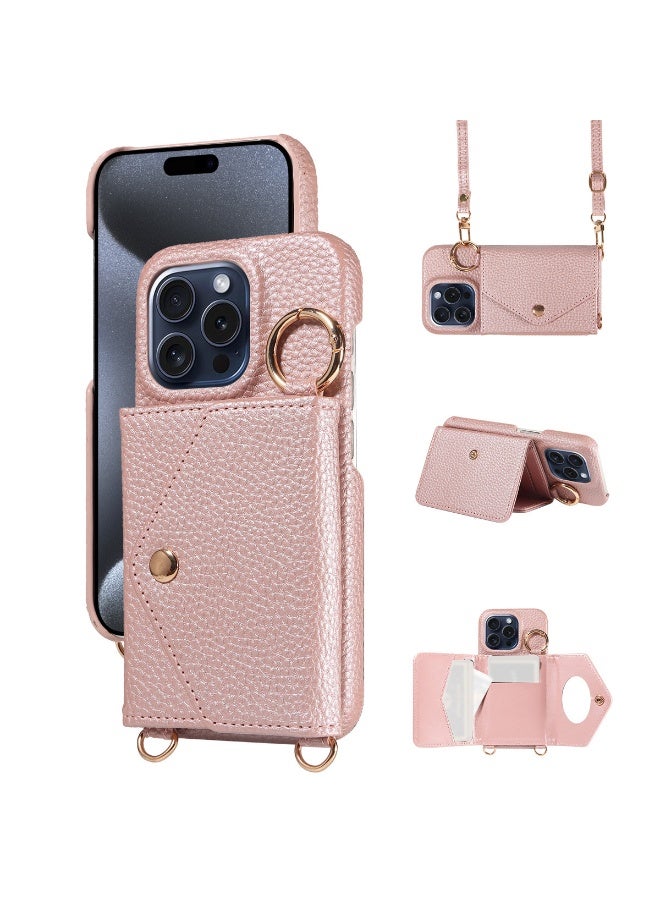 إكس ليفيل حافظة محفظة كروس بودي لهاتف iPhone 17 Pro مع حزام حامل وحامل بطاقة وغطاء محفظة مغناطيسي من جلد PU (ذهبي وردي) - Image 1