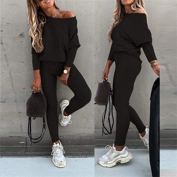 Spot 2022 European and American foreign trade solid color fashion casual lace slant shoulder sports pants long suit women Khaki  - Image 3