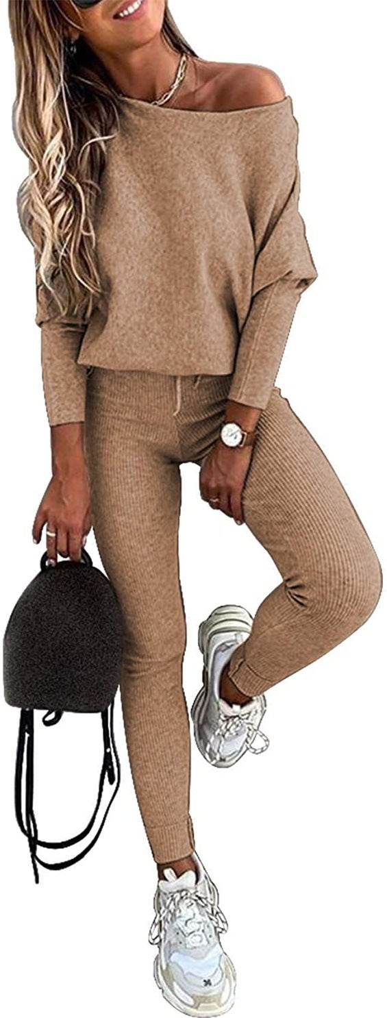 Spot 2022 European and American foreign trade solid color fashion casual lace slant shoulder sports pants long suit women Khaki  - Image 1