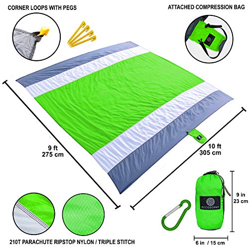 ECCOSOPHY Sandproof Beach Blanket - Oversized Sand Free Beach Mat 9'x10' - Lightweight Outdoor Picnic Blanket Anchored with 4 Corner Sand Pockets & Plastic Stakes - Heat Proof, Quick Drying & Compact - Image 2