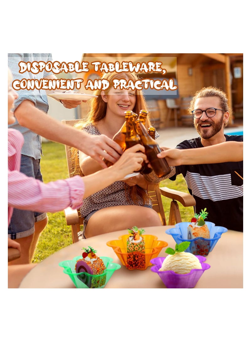 SOLARAE أوعية آيس كريم بلاستيكية، 200 قطعة سعة 8.5 أونصة، أكواب حلوى قابلة للتصرف بشكل زهور ملونة، حاويات تذوق بودنغ فواكه، لتقديم سونداي وشوكولاتة ومقبلات وعينات للحفلات (4 ألوان * 50) - Image 4