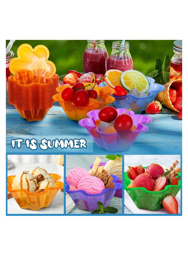 SOLARAE أوعية آيس كريم بلاستيكية، 200 قطعة سعة 8.5 أونصة، أكواب حلوى قابلة للتصرف بشكل زهور ملونة، حاويات تذوق بودنغ فواكه، لتقديم سونداي وشوكولاتة ومقبلات وعينات للحفلات (4 ألوان * 50) - Image 5