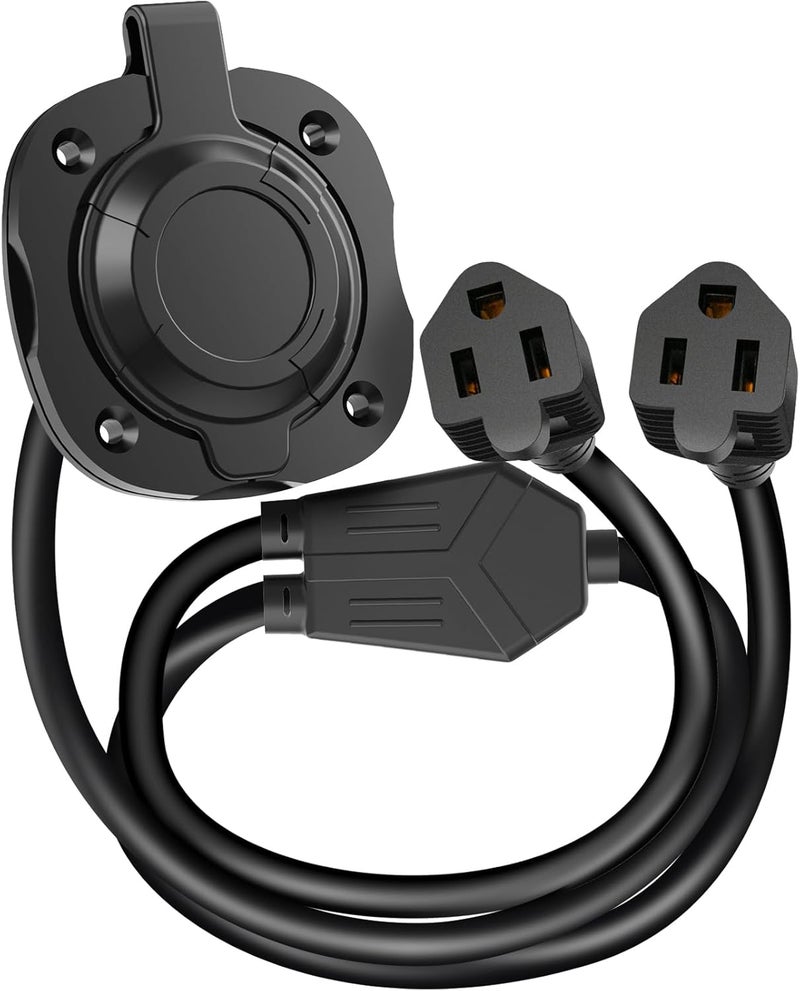 WELLUCK RV Shore Power Inlet Charger Plug 15 Amp 125V AC Power Inlet Port Plug with Integrated Dual 18" Extension Cord, RV Flanged Inlet with Waterproof Back Cover Y Splitter Cable for RV Trailer Boat - Image 1