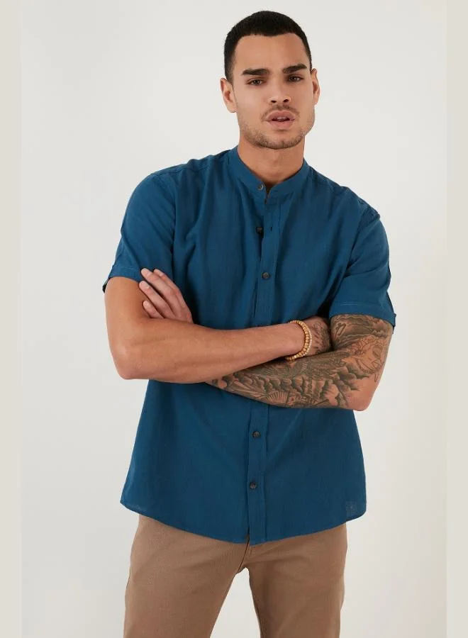 بوراتي قميص رجالي بياقة واقفة وأكمام قصيرة من القطن والكتان من بوراتي