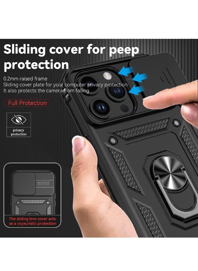 iPhone 16 Pro Max Case, Sliding Camera Cover, Built-in 360° Rotating Ring Kickstand, Drop-Proof and Shockproof, Heavy-Duty Shockproof Protective Case for iPhone 16 Pro Max, Black - Image 3