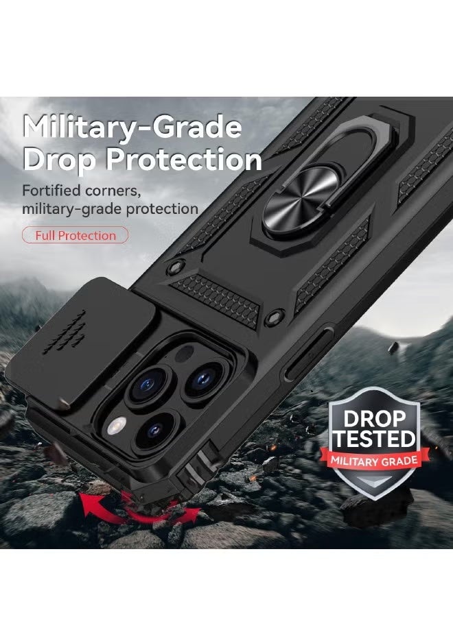 iPhone 16 Pro Max Case, Sliding Camera Cover, Built-in 360° Rotating Ring Kickstand, Drop-Proof and Shockproof, Heavy-Duty Shockproof Protective Case for iPhone 16 Pro Max, Black - Image 2