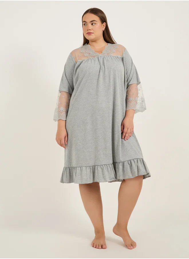 Styli Plus Size Lace Insert V Neck Nightdress