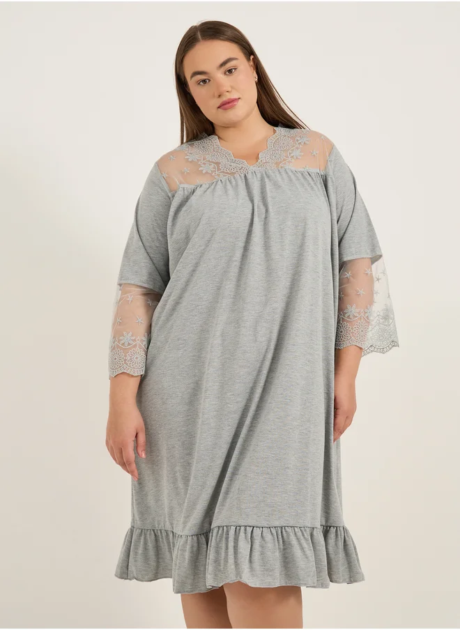 Styli Plus Size Lace Insert V Neck Nightdress