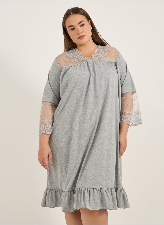 Styli Plus Size Lace Insert V Neck Nightdress  - Image 2