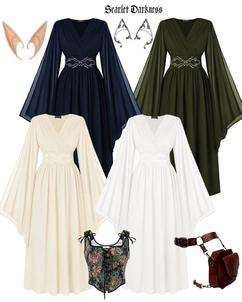 Scarlet Darkness Renaissance Costume Women Fairy Dress V Neck Split Bell Sleeve Long Dress with Pockets - Image 5