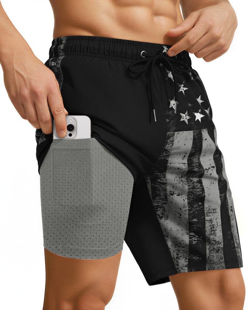 Yufawow 9 Inch 9in Men Swim Trunks Compression Liner Quick Dry Pocket Lined Inseam American Flag 4th July Red White Blue USA Patriotic Male Swimwear Swimsuit Swimtrunks Boardshorts Bathing Suit Beach Short - Image 1
