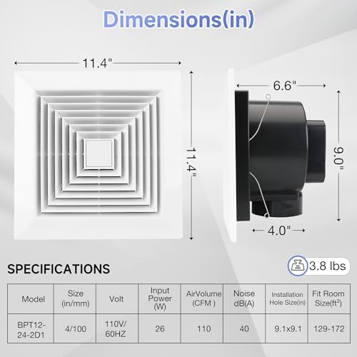 Fanspex Bathroom Ceiling Exhaust Fan, Household Bath Vent Ventilation Fan with 1.0 Sones Quiet Operation, 110 CFM (Housing Size 9.1"x9.1") - Image 2