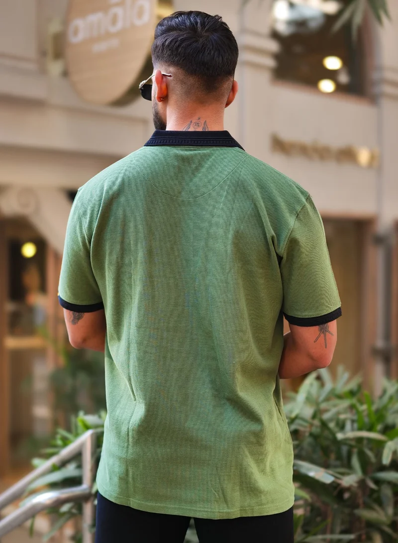 Maniac Mens Solid Polo Neck 3/4th Sleeve Half Zipper Hunter Green and Black Cotton T-Shirt