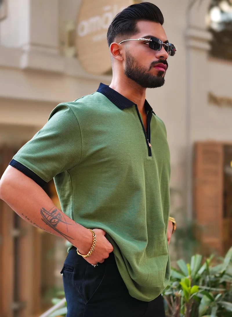 Maniac Mens Solid Polo Neck 3/4th Sleeve Half Zipper Hunter Green and Black Cotton T-Shirt