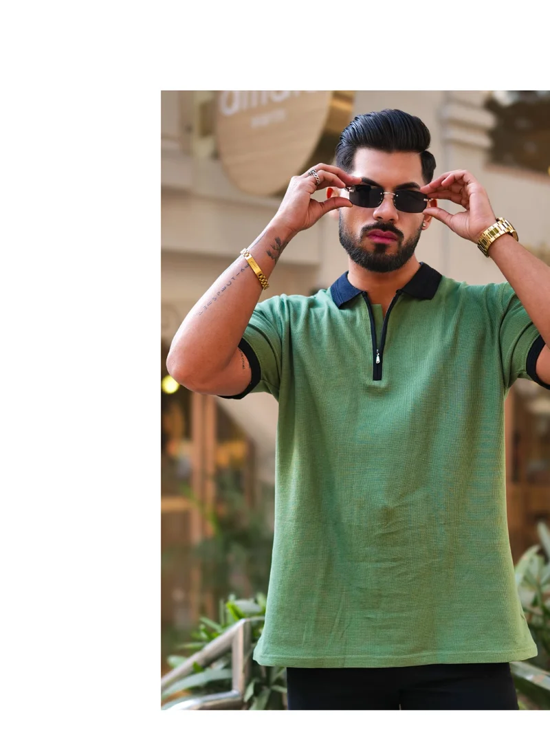 Maniac Mens Solid Polo Neck 3/4th Sleeve Half Zipper Hunter Green and Black Cotton T-Shirt