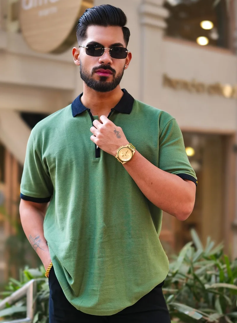 Maniac Mens Solid Polo Neck 3/4th Sleeve Half Zipper Hunter Green and Black Cotton T-Shirt