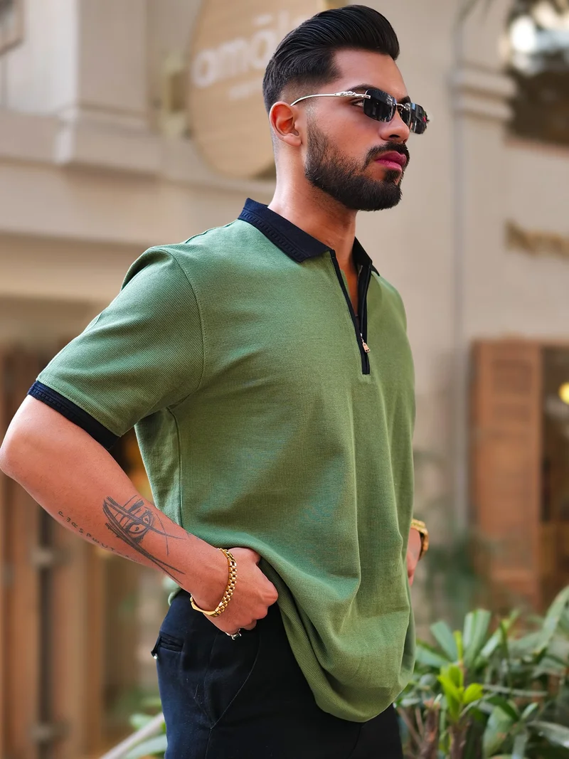 Maniac Mens Solid Polo Neck 3/4th Sleeve Half Zipper Hunter Green and Black Cotton T-Shirt
