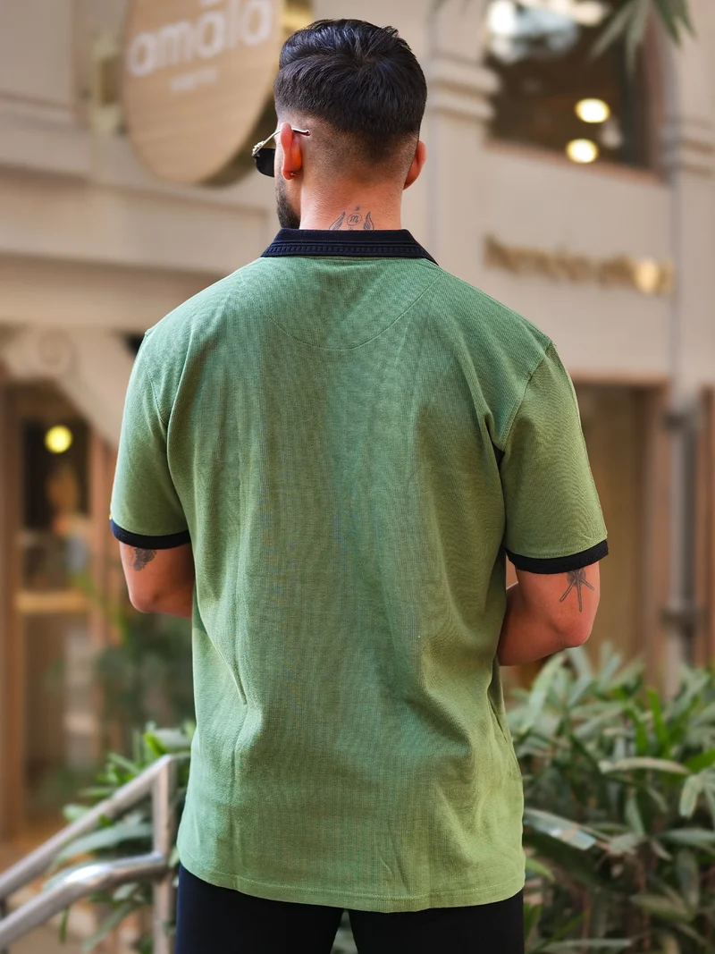 Maniac Mens Solid Polo Neck 3/4th Sleeve Half Zipper Hunter Green and Black Cotton T-Shirt