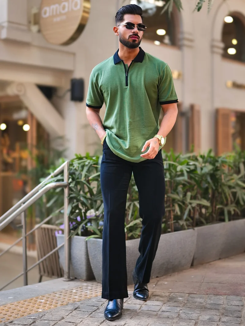 Maniac Mens Solid Polo Neck 3/4th Sleeve Half Zipper Hunter Green and Black Cotton T-Shirt