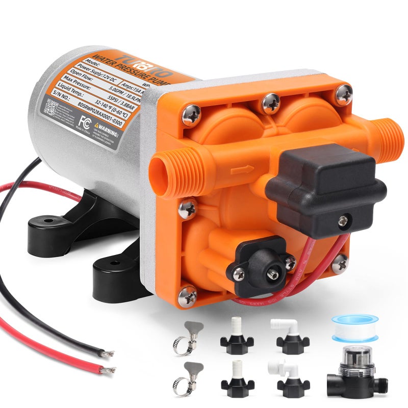 TURBRO 5.0 GPM 55 psi RV Water Pump, 12V DC Self-Priming Diaphragm Pump, Water Pressure Pump with Pressure Switch and Overheating Protection, for RV, Marine, Boat, Yacht, Camper, Garden, Irrigation - Image 1