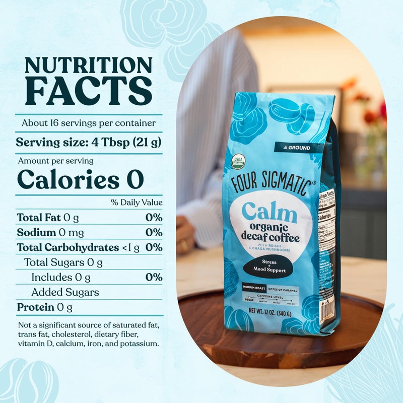 Four Sigmatic Calm Organic Decaf Ground Coffee | Swiss Water Decaf Coffee with Chaga & Reishi Mushroom Extracts | 12oz Bag - Image 4