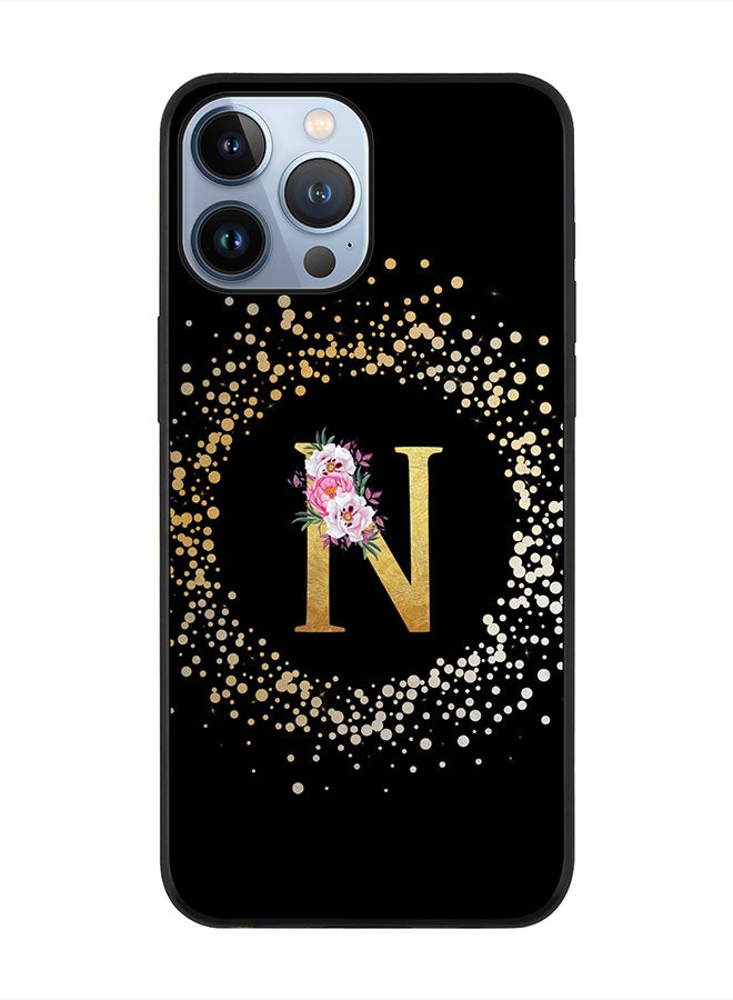 Stylizedd Rugged Black edge case for Apple iPhone 13 Pro Max, Soft Flexible Phone case Custom Monogram Initial Letter Floral Pattern Alphabet - N (Black) - Image 1