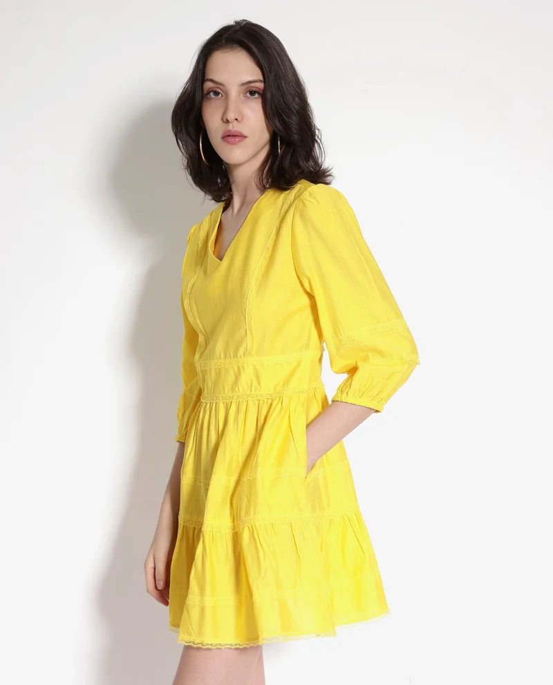 Rareism Women's Balloon Sleeve Fit And Flare Mini Dress