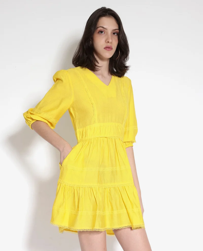Rareism Women's Balloon Sleeve Fit And Flare Mini Dress