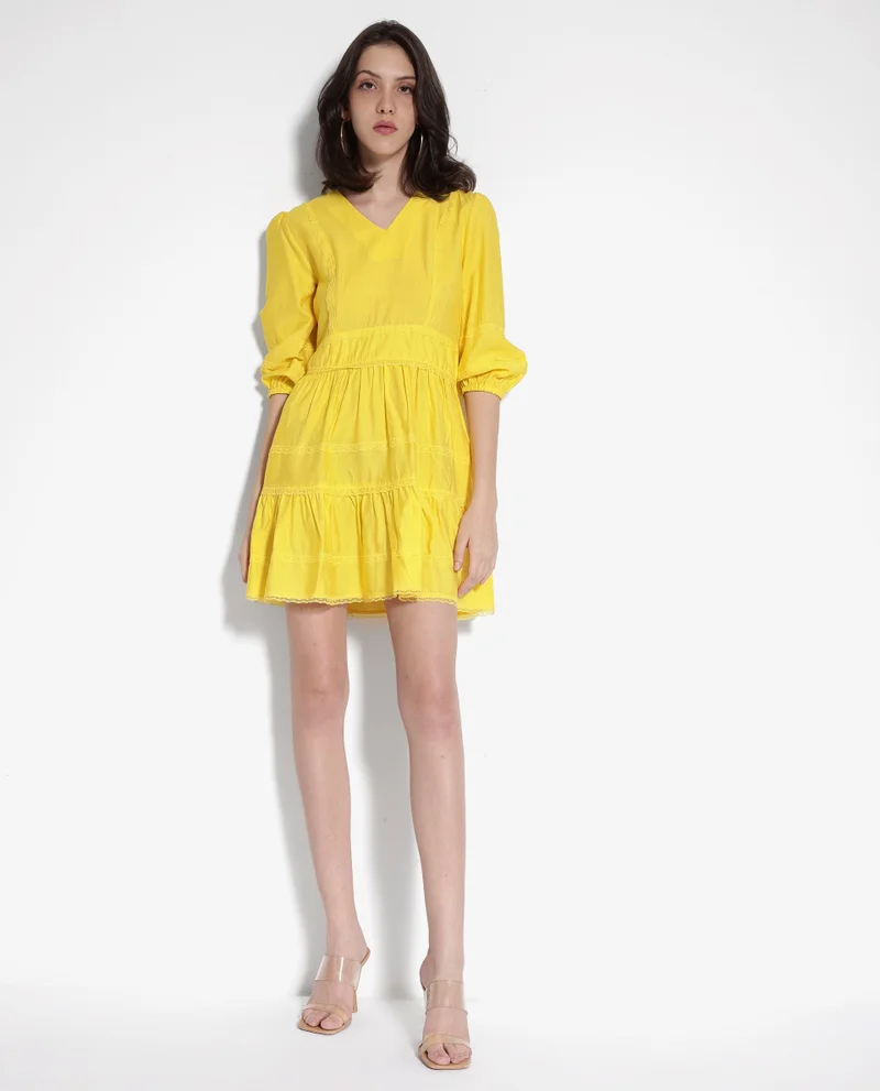 Rareism Women's Balloon Sleeve Fit And Flare Mini Dress