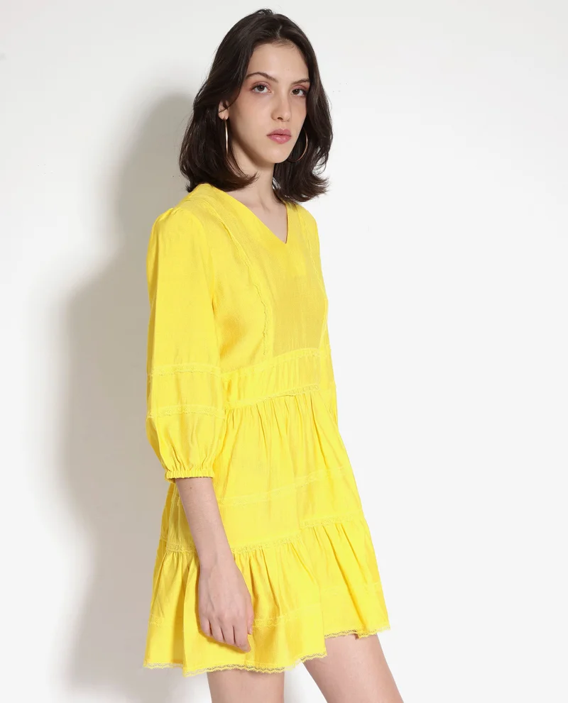 Rareism Women's Balloon Sleeve Fit And Flare Mini Dress