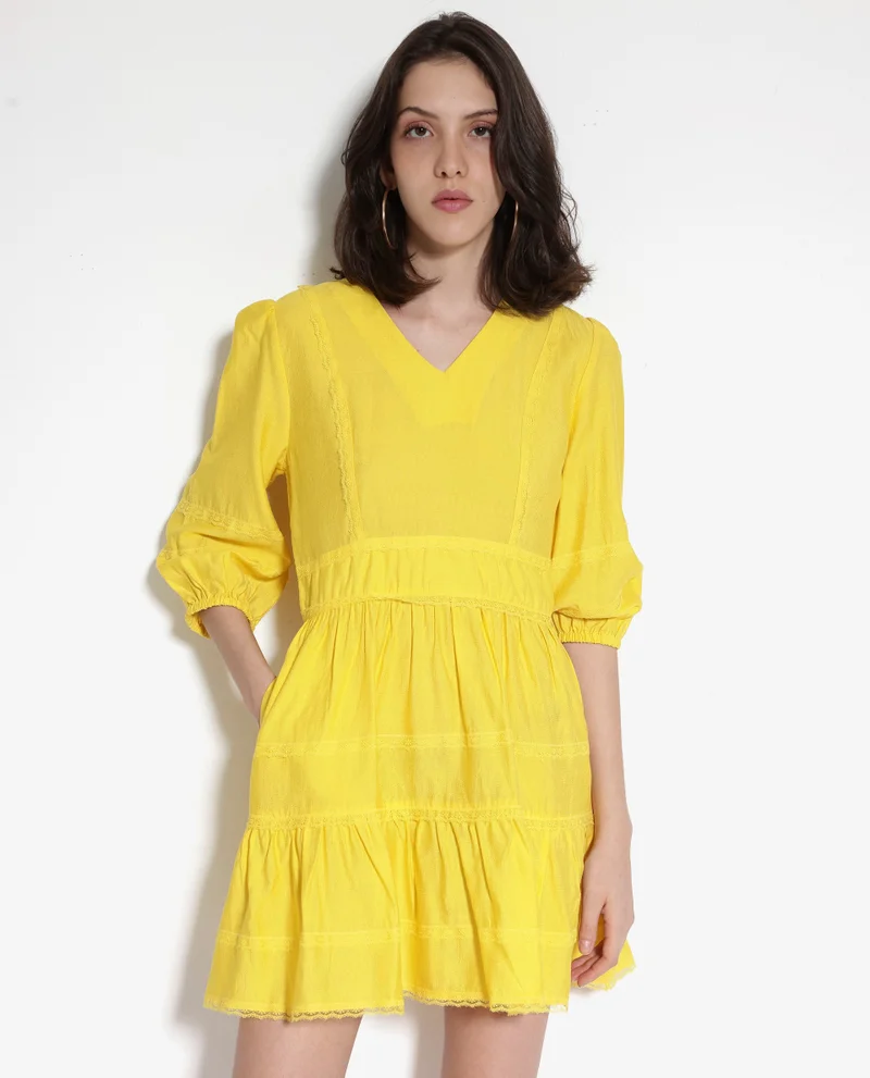 Rareism Women's Balloon Sleeve Fit And Flare Mini Dress