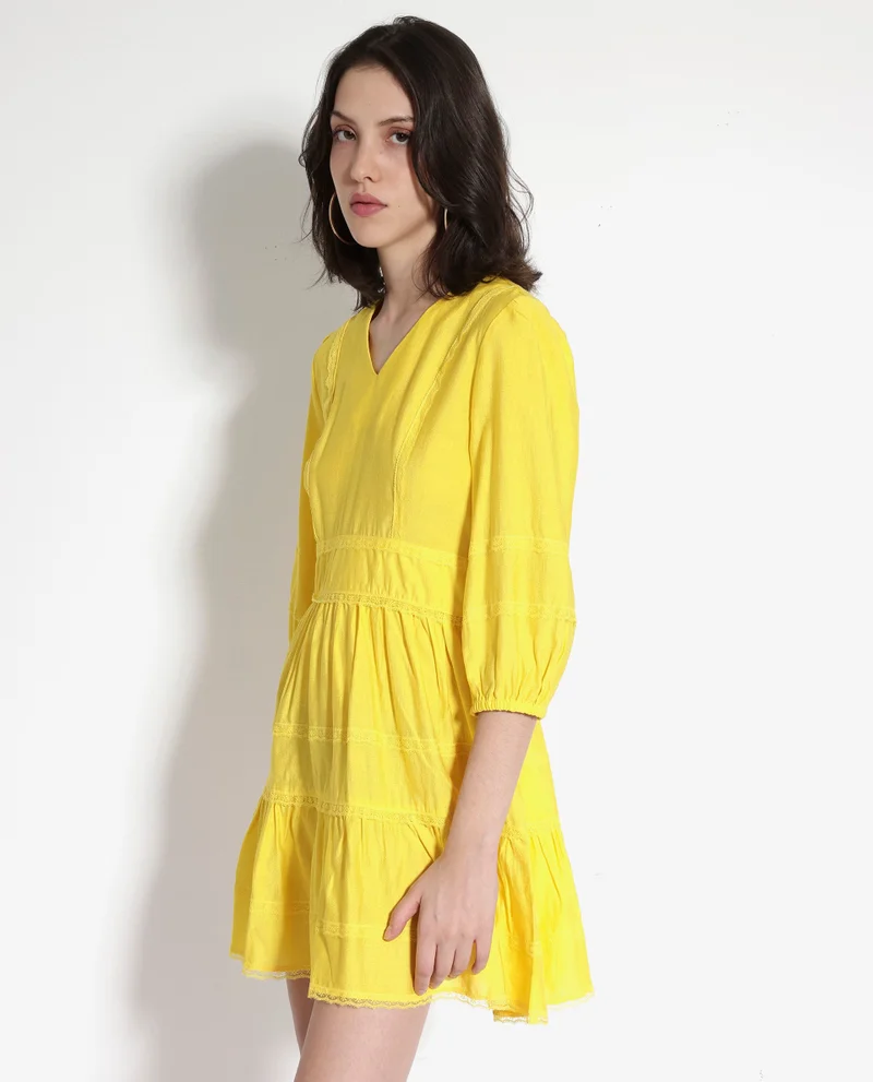 Rareism Women's Balloon Sleeve Fit And Flare Mini Dress