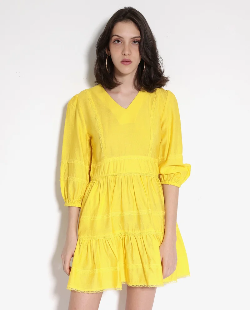 Rareism Women's Balloon Sleeve Fit And Flare Mini Dress