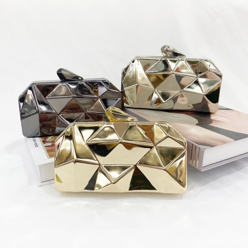 2022 Korean Style Metal Hand-Held Banquet Bag Geometric Rhombus Evening Bag Textured Crossbody Clutch Bag - Image 2