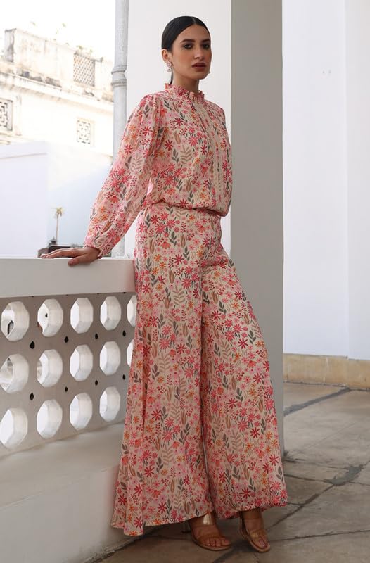 Janasya Women's Beige Georgette Floral Regular Co-ord Set(SET982-CO-ORD-XS) - Image 3