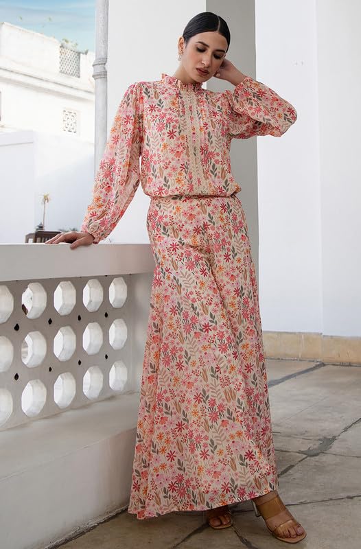 Janasya Women's Beige Georgette Floral Regular Co-ord Set(SET982-CO-ORD-XS) - Image 2