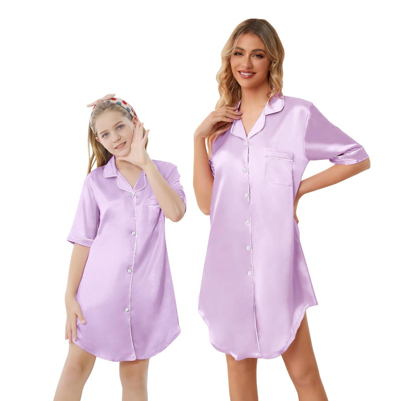 Schbbbta Girls Satin Nightgown Button Down Short Sleeve Silky Pajamas Sleepwear Nightshirt Pajama Dress Lavender 910Y