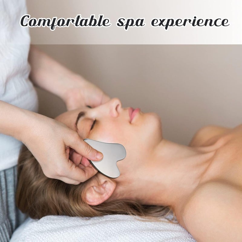 سكاي تاتش SKY-TOUCH أداة غوا شا للوجه من الفولاذ المقاوم للصدأ، وعصي تدليك لشد البشرة، وأداة تجميل غوا شا للوجه والجسم والعينين مع حقيبة حمل - 85x55 مم، فضي - Image 2