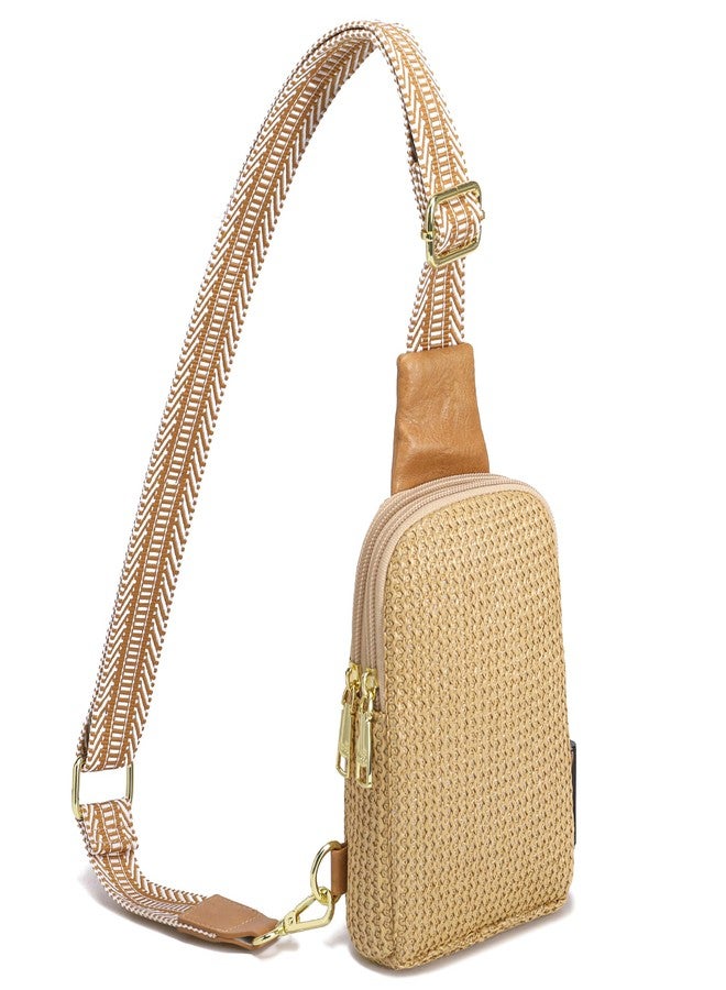 INICAT Summer Straw Bag Small Sling Beach Bag Crossbody Bags for Women, Khaki Guitar Strap, Small - Image 1