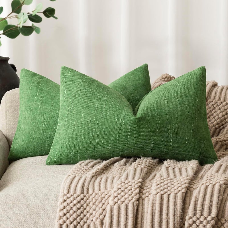 Foindtower Pack of 2 Soft Textured Chenille Throw Decorative Pillow Covers Lumbar Accent Solid Cushion Cover Cozy Neutral Farmhouse Pillow Case for Couch Sofa Bed Living Room 12x24 Inch,Forest Green - Image 1