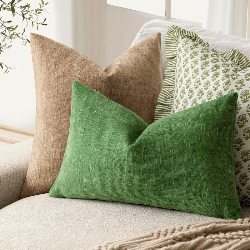 Foindtower Pack of 2 Soft Textured Chenille Throw Decorative Pillow Covers Lumbar Accent Solid Cushion Cover Cozy Neutral Farmhouse Pillow Case for Couch Sofa Bed Living Room 12x24 Inch,Forest Green - Image 4