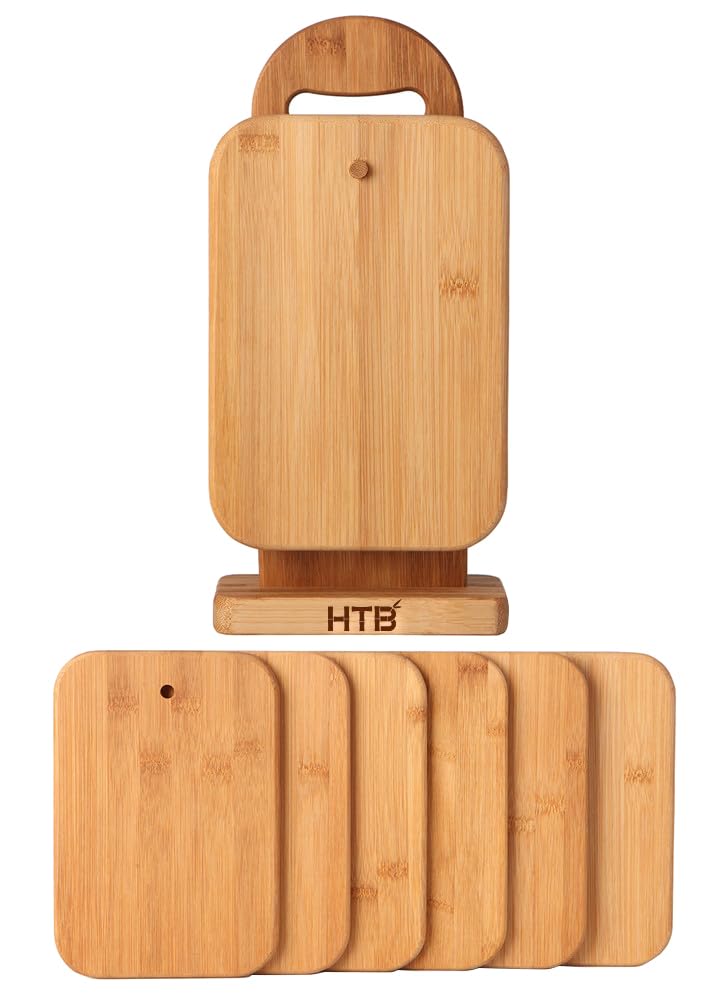 HTB Bamboo Cutting Board Set for Kitchen,Small Cutting Boards with Holder,Serving Boards for Sandwich Cheese Meal Breakfast - Image 1